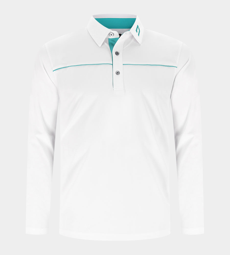 BLOCK PIQUE LONG SLEEVE POLO -  WHITE/TEAL