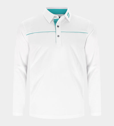BLOCK PIQUE LONG SLEEVE POLO -  WHITE/TEAL