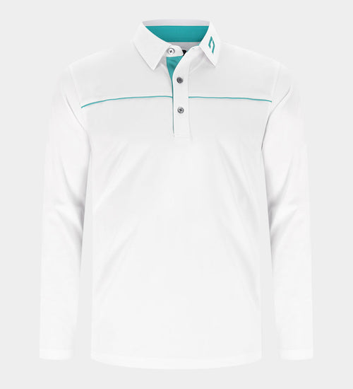 BLOCK PIQUE LONG SLEEVE POLO -WHITE/TEAL