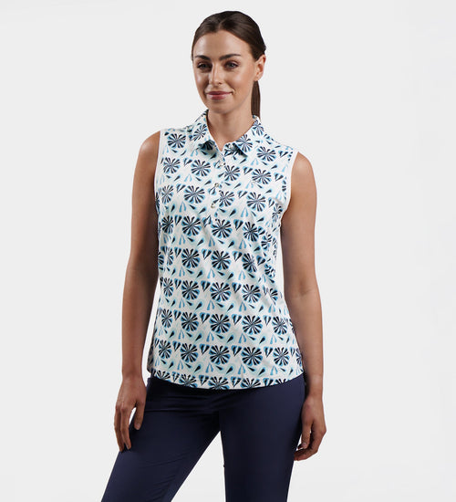 LADIES FLORAL SLEEVELESS POLO - BLUE
