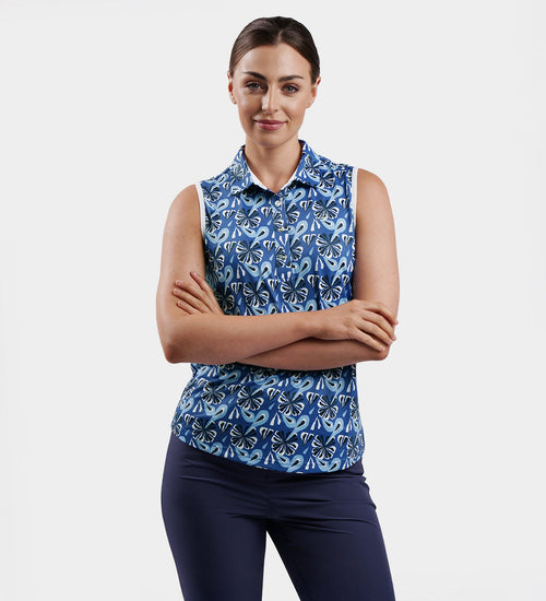 LADIES FLORAL SLEEVELESS POLO - NAVY