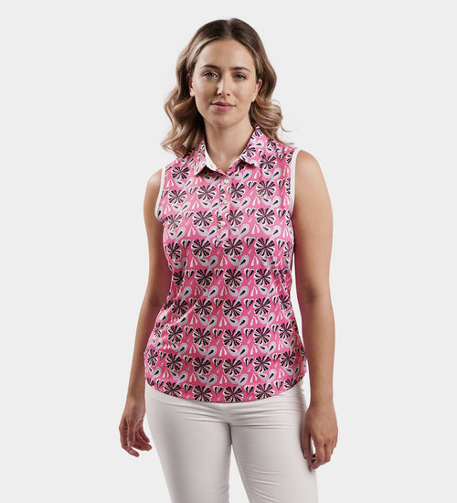 LADIES FLORAL SLEEVELESS POLO - PINK