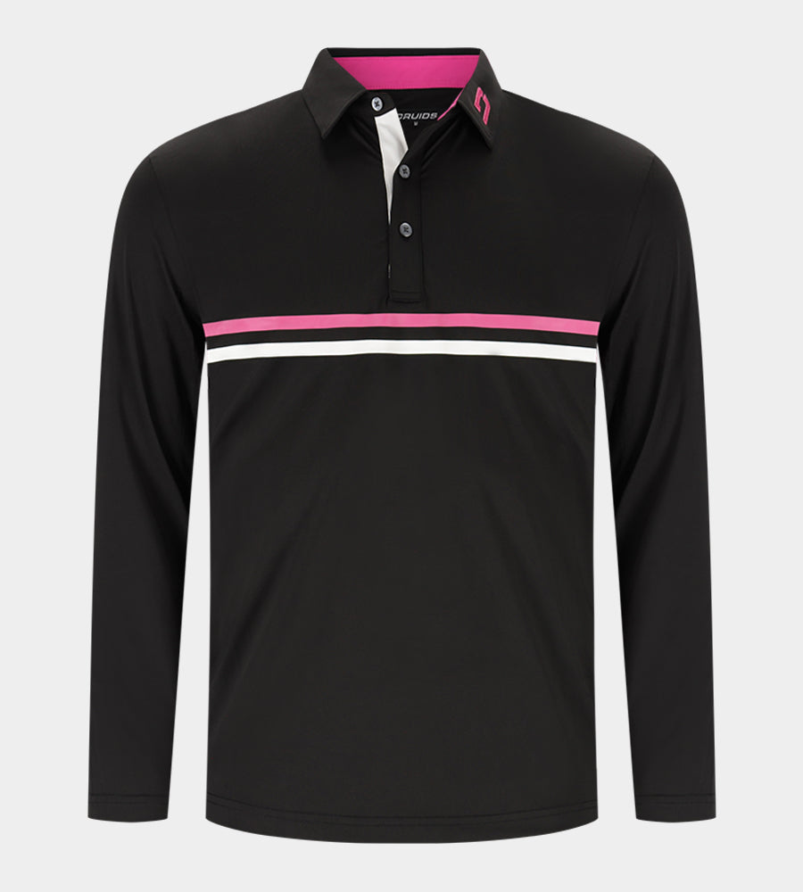 STRIPE PERFORMANCE LONG SLEEVE POLO - BLACK