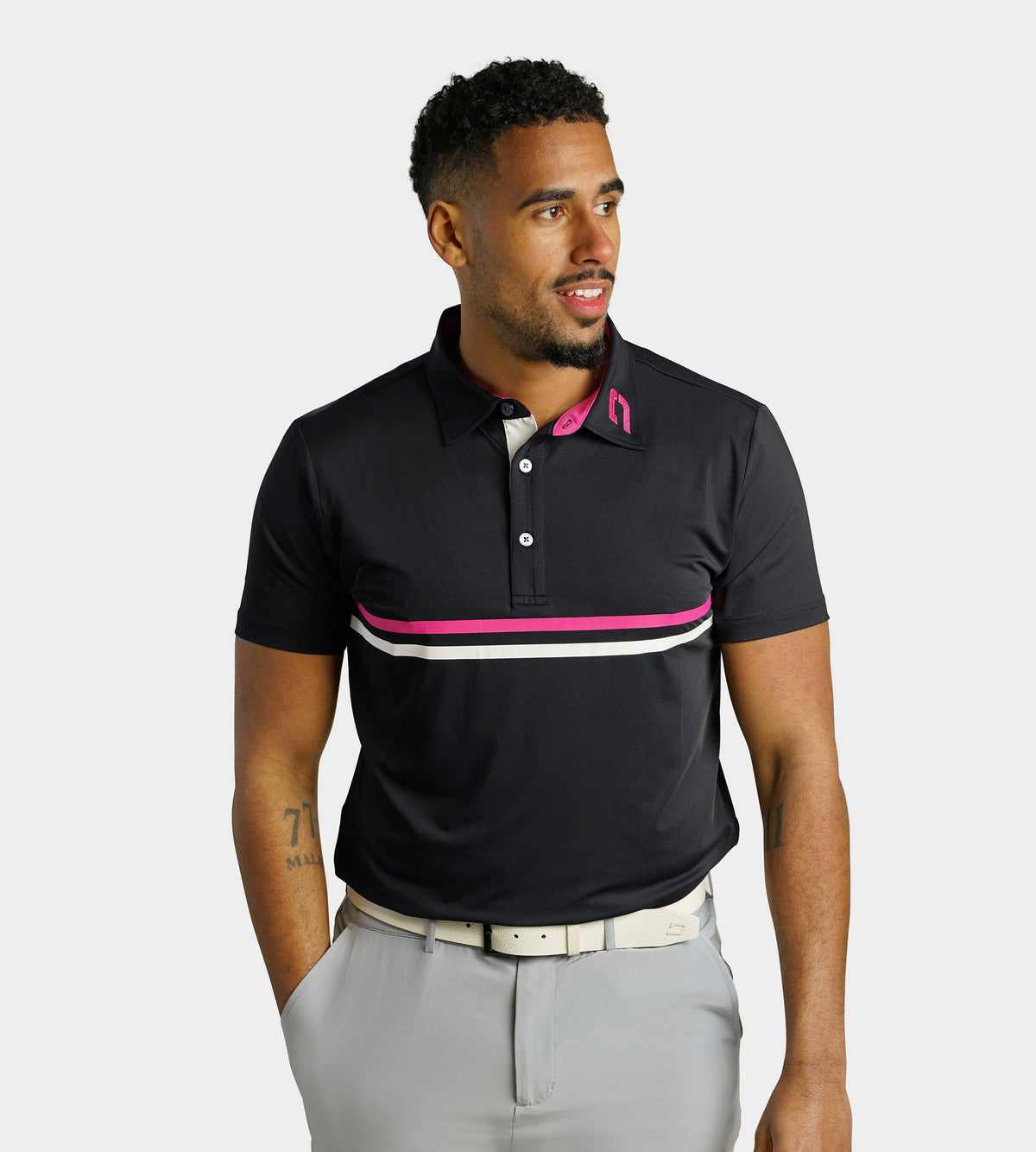 STRIPE PERFORMANCE POLO - BLACK/PINK